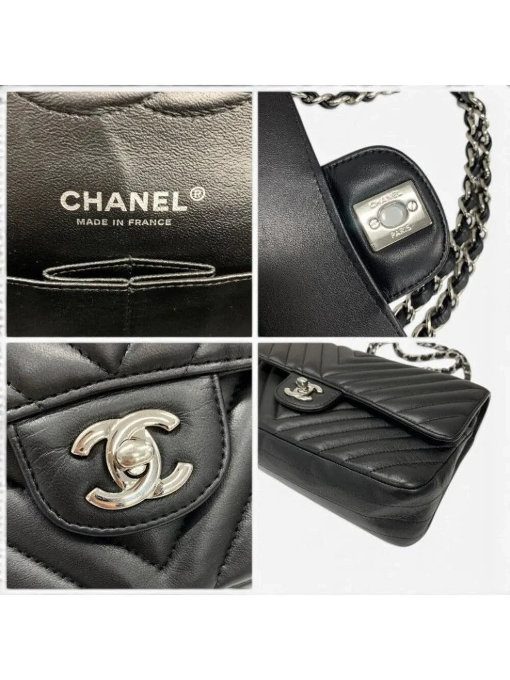 Chanel Shoulder Bag Black Silver Blanc CC Logo Stitch Double Chain Flap Turnlock